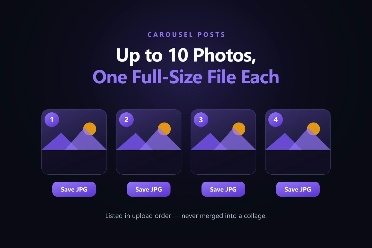A Threads carousel shown as four numbered photo frames, each with its own Save JPG button beneath it
