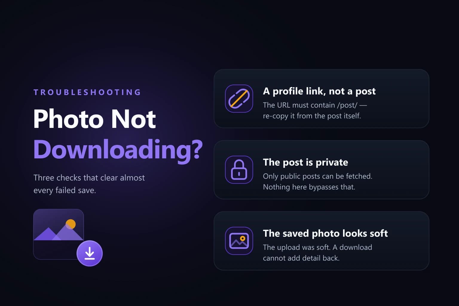 Three fixes for a Threads photo that will not download: a profile link instead of a post link, a private post, and a soft source image